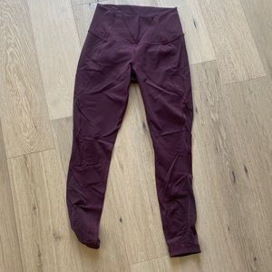 maroon lulu lemon 28” leggings with mesh along the leg. super cute. fav leggings